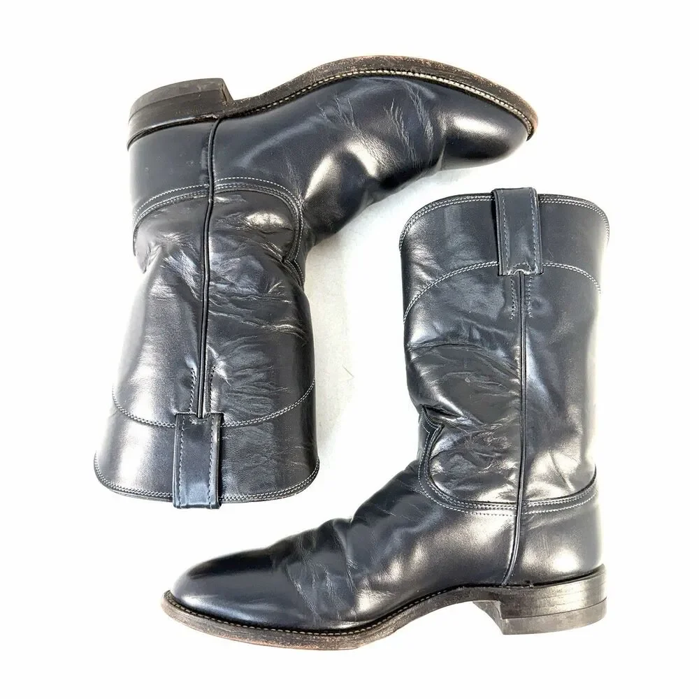 Vintage Justin Roper Men’s 8.5D Cowboy Western Boots Dark Blue Gray Leather 3024